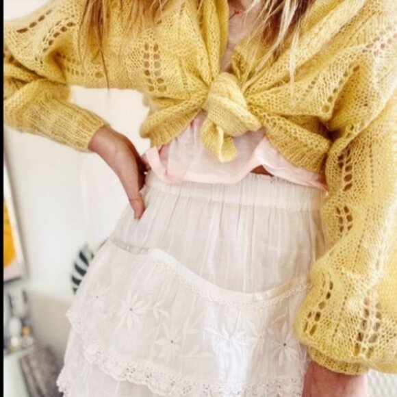 NWOT Loveshackfancy Eugenia Knit Yellow Wool Pointelle Pullover/Sweater M $302